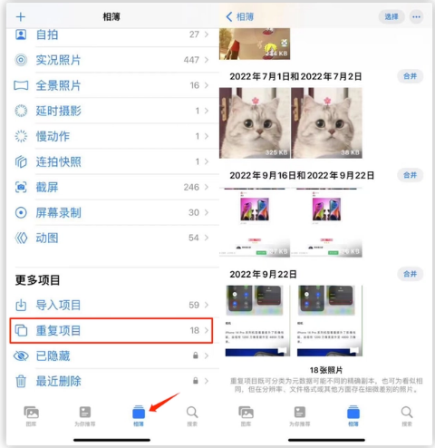 长安苹果手机维修分享iOS 16 中相册重复项目功能使用方法 