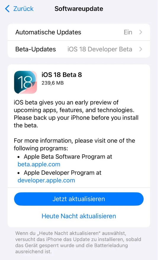 长安苹果手机维修分享苹果 iOS / iPadOS 18 开发者预览版 Beta 8 发布 